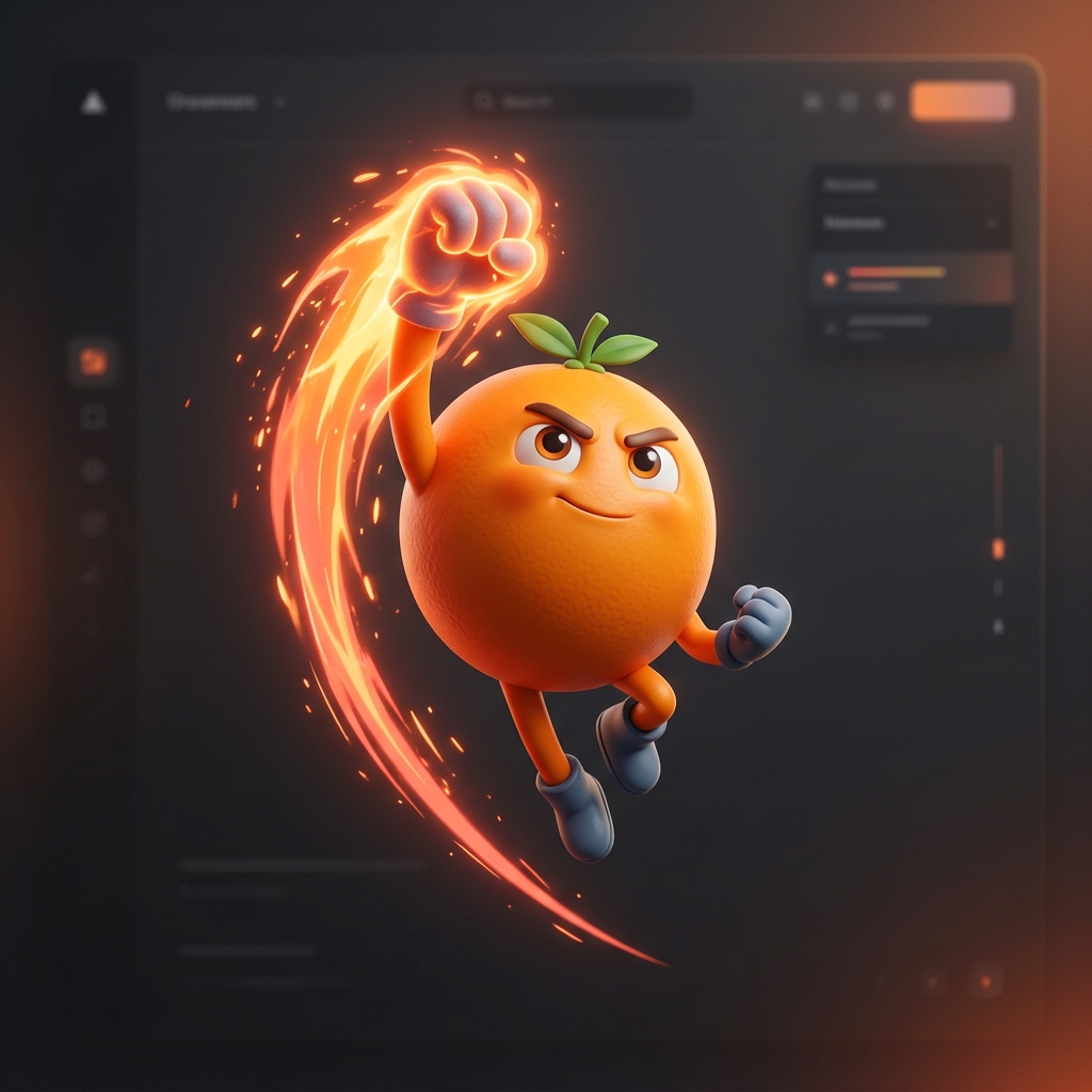 A single determined orange fruit character mascot punching upwards with a glowing trail, representing problem-solving